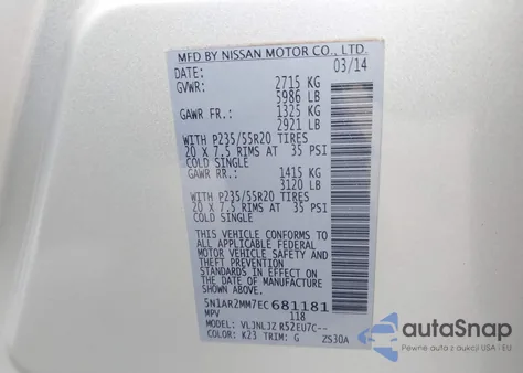 2014 Nissan Pathfinder Platinum из США, поврежденный, VIN 5N1AR2MM7EC681181